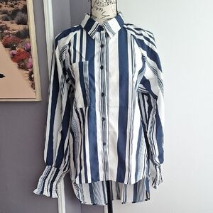 Blue and White Button Down Shirt with Vertical Stripes